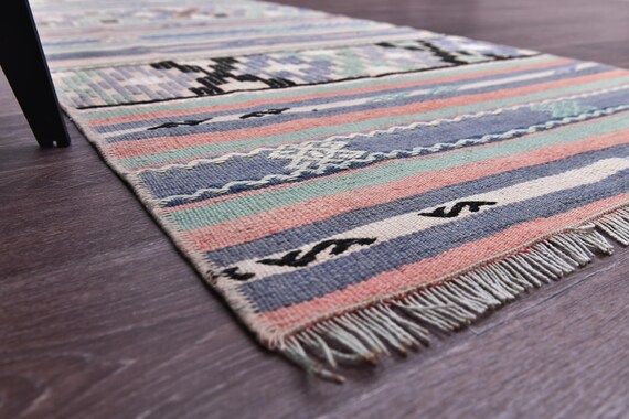 2x9 Vintage Kilim Runner Rug, Blue Green Color, 2x9 Geometric Design , Farmhouse Decor, 2x9 Handmade Accent Rug, 2x9 Tribal Kilim Rug