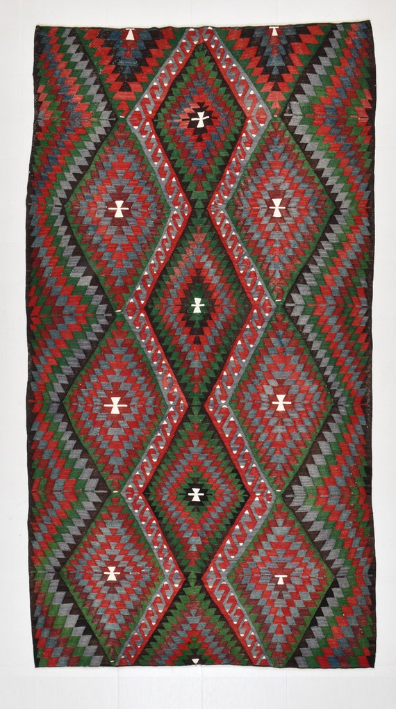 5x10 GEOMETRIC IKAT KILIM Rug, 5x10 Vintage Kilim Rug, Wool Handwoven Kilim, Rugs 5x10, Red & Green Kilim, Farmhouse, Rug For Bedroom Kilim