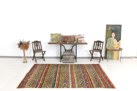 5x8 Area Rug, 5x8 Turkish Kilim, 5x8 Turkish Vintage Kilim Rug, Hand Woven Wool Rug, 5x8 Rug, Green & Red Kilim, Mid Century Modern, Gifts