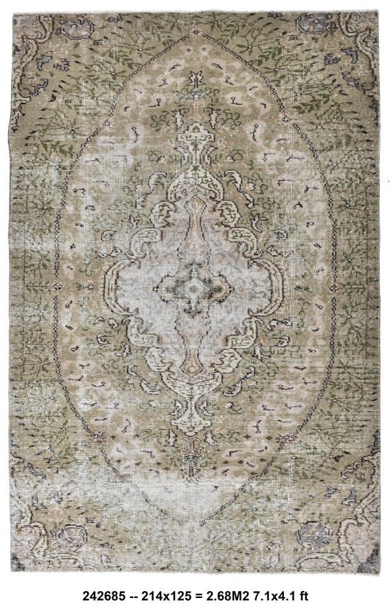 4x7 Geometric Oriental Turkish Vintage Rug, Shades Of Brown Beige, Oushak Handmade Wool Carpet, Farmhouse Decor, One Of A Kind, Anatolian
