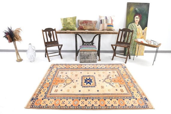 5x7 Area Rug, 5x7 Modern Oushak, 5x7 Modern Vintage Oushak Rug, 5x7, Handmade Wool Rug, 5x7 Rug, Blue Orange Oushak, Colorful Soft Color