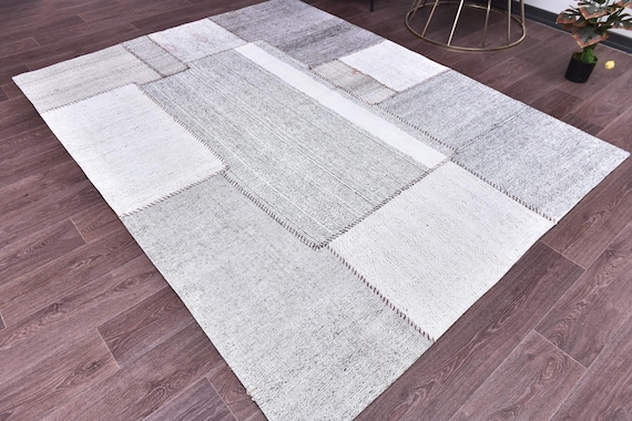 6x8 Patchwork Kilim Area Rug, 6x8 Gray Color, 6x8 Large Area Rug, Wool Handmade Kilims, Rugs 6x8, Neutral Rug, Tribal Kilim Rug