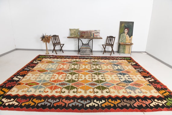 11x14 Rugs, 11x14 OVERSIZE PERSIAN KILIM Rug, 11x14, Oversize Kilim Rug, Large Area Rug, 11x14 Rugs, Shades Of Red & Green Kilim, Antique