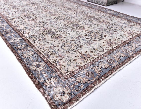 5x9 Turkish Area Rug, Ivory Blue Brown Color, 5x9 Handmade Wool Rug, 5x9 Vintage Rug, Blue Rug, 5x9 Rug, Soft Rug, Living Room Rug, Gift