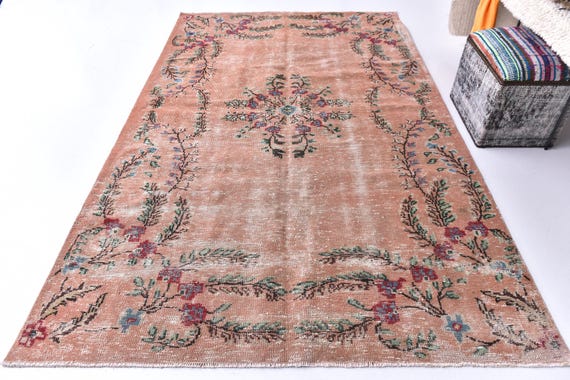 5x9 Vintage Peach Rug, 5x9 Handmade Area Rug, 5x9 Rug, Peach Green Color, 5x9 Living Room Bedroom Rug, 5x9 Area Rug 5x9 Floral Medallion Rug