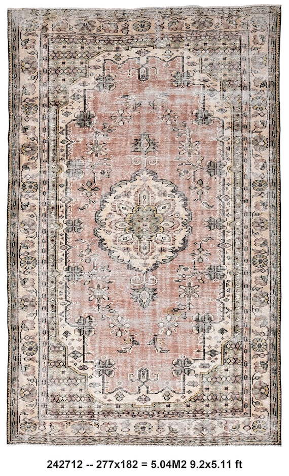 6x9 Salmon pink Beige Vintage Rug, 6x9 large area vintage Turkish Rug, 6x9 Area Wool Handmade Rug , 6x9 Living Room Vintage area Rug.