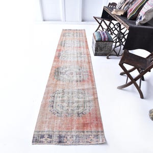 2x12 Pale Red Blue Vintage Runner Rug - 2x12 Vintage Runner Rugs - Long Handmade Narrow Vintage Runner rug, 2x12 Rug For Hallway - 57s