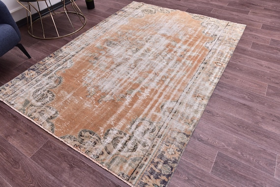 5x7 Vintage Faded Area Rug, Orange Green Color, 5x7 Handmade Wool Rug, Living Room Bedroom Rug, Farmhouse Decor, 5x7 Turkish Area Rug