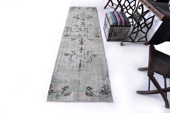 2x9 Turkish Runner - 2x9 Light Green Black Turkish Runner Rug - 2x9 Rug, Narrow Handmade Rug - 2x9 Runner Rug - Vintage Runner 2x9 - Gifts