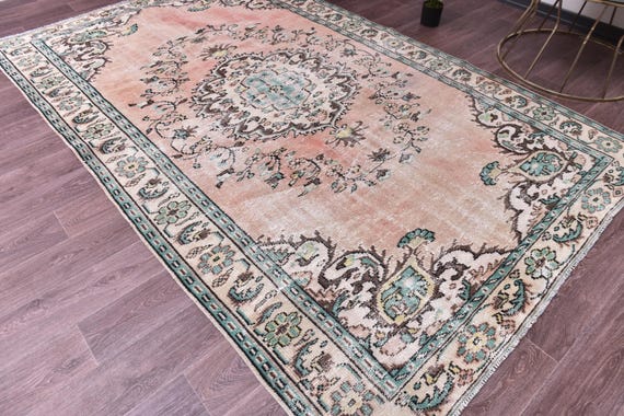 6x10 Vintage Faded Turkish Area Rug, Green Terracotta Color, 6x10 Handmade Wool Rug, 6x10 Soft Area Rug 6x10 Living Room Rug 6x10 Area Rugs
