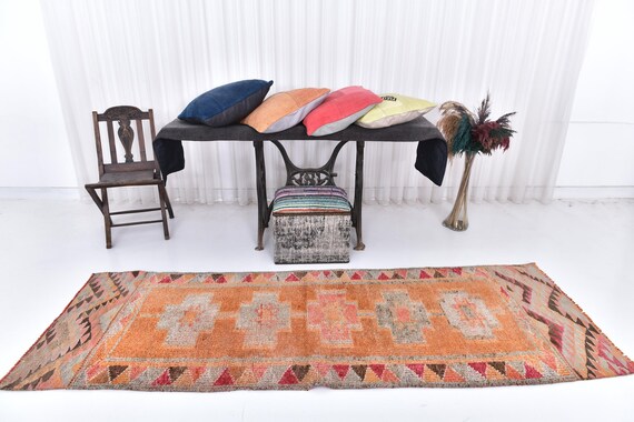 Antique Vintage Turkish Rug, 3x8 Pale Orange & Red Runner Rug, 3x8 Oushak Style Runner Rug, 3x8 Herki Runner Rug, 3x8 Handmade Soft Wool Rug