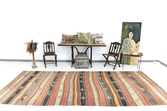 5x12 Area Rug, 5x12 Long Wide Kilim, 5x12 Striped Vintage Kilim Rug, Handmade Wool Rug, 5x12 Rug, Red & Green Kilim, Mid Century Modern, 57s