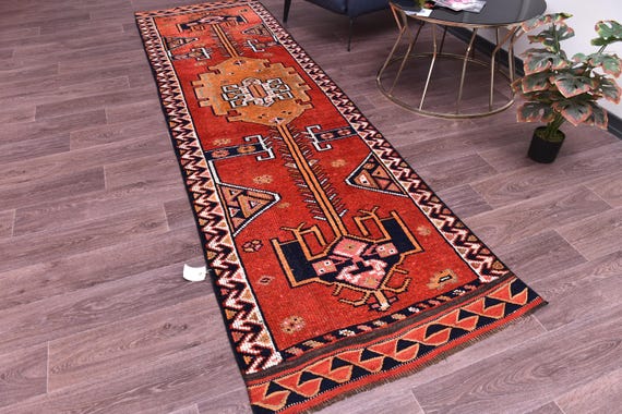 3x10 Vintage Handmade Runner Rug, Soft Wool Rug, Hallway Kitchen Runner Rug, Burgundy Orange Color