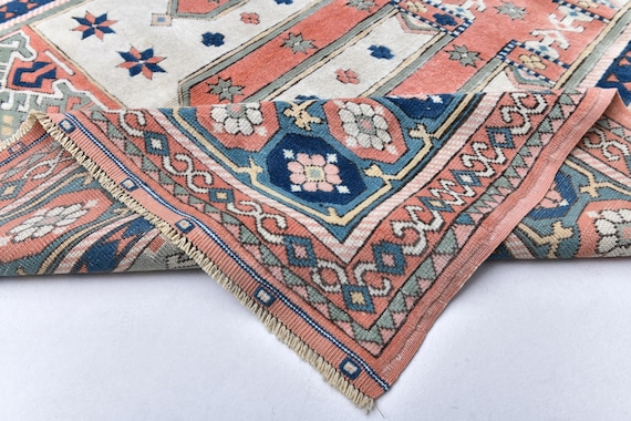 5x7 Oushak Rug, 5x7 Soft Vintage Oushak Rug, 5x7 Rug, Handmade Wool Rug, 5x7 Area Rug, Blue Salmon Carpet, 5x7 Vintage Rug, Rugs For Bedroom