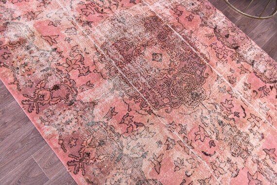 6x9 Distresset Overdyed Rug, Handmade Wool Rug, 6x9 Salmon Brown Color, Abstrach Patterned Rug, Farmhouse Rug, 6x9 Living Room Rug