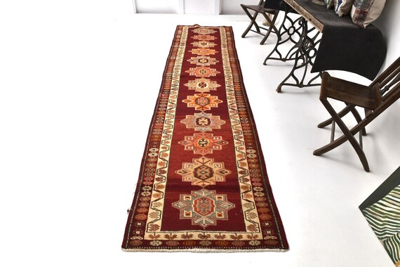 3x13 Red Turkish Vintage Runner Rug, 3x13 Vintage Runner, 3x13 Rug, Rugged Handmade Wool Rug, 3x13 Herki Runner, Wine Red Runners, Antique