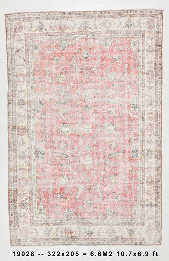 7x10 Oversize Faded Red and Beige Vintage Rug, 7x10 Oversize Rug, Large Area Rug, Handmade Wool Rug, 7x10 Area Rug, 1960s Antique, Oversize