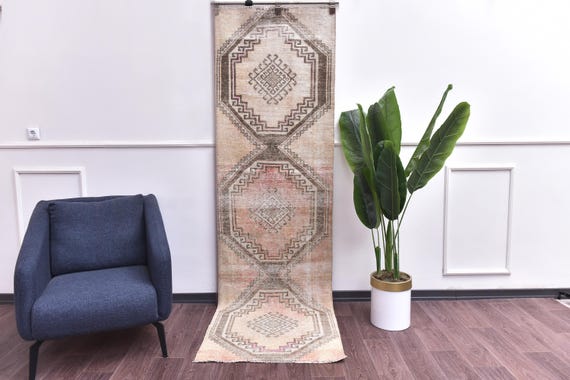 2x9 Faded Vintage Runner Rug,  Brown Salmnon Color, Handmade Wool, Traditional Turkish Geometric Pattern