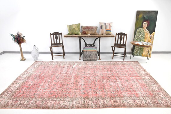 7x11 Pink & Red Vintage Rug, Oversize Vintage Rug, Large Handmade Area Rug, 7x11 Vintage Rug, Red Pink Carpet, 7x11 Turkish Rug, Antique 54s