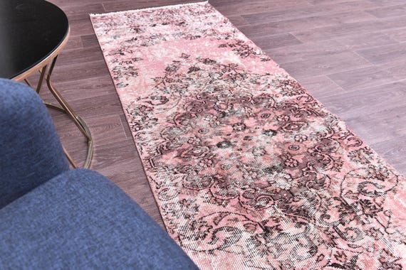 2x9 Vintage Pink Runner Rug, Handmade Wool Rug, 2x9 Pink Black Color, 2x9 Floral Hallway Rug 2x9 Kithcen Runner Rug, Farmhouse Style