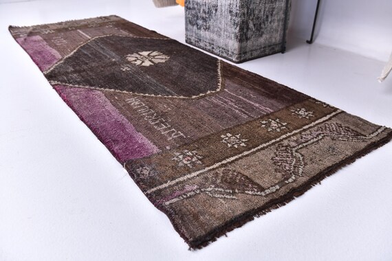 2x7 Vintage Soft Runner Rug, Brown Purple Color, Handmade Soft Wool Rug, 2x7 Turkish Runner, 2x7 Area Rug, Hallway Rug