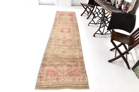 2x11 Pink Turkish Vintage Runner Rug, 3x11 Vintage Runner, 3x11 Rug, Soft Handmade Wool Rug, 3x11 Turkish Runner, Pink & Beige Carpet, 58s