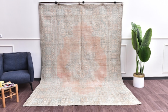 7x10 Vintage Faded Rug, Handmade Traditonal Rug, Oriental Area Rug, Salmon Beige Rug, Boho Farmhouse Rug
