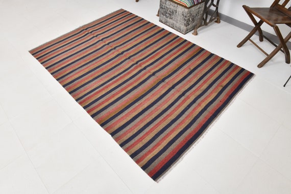 5x7 Area Rug, 5x7 Turkish Kilim, 5x7 TURKISH VINTAGE KILIM Rug, 5x7, Modern & Striped Style, Wool Handwoven Oushak, Navy Blue Red Kilim, 60s
