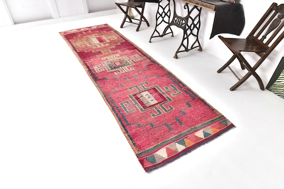 3x11 Antique Runner Rug, Red Green Color Rug, 3x11 Vintage Turkish Runner Rug, Geometric Patterned Rug, Tribal Runner Rug Handwoven Rug 3x11