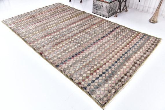 5x10 VINTAGE TURKISH Rug, 5x10, Oushak Hand-Woven Rug, Shades Of Red Tones Rug, Rug 5x10, Bohemian Decor, Rug For Living Room, Diamond Style