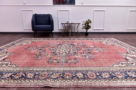 7x10 Vintage Salmon Rug, Pink Blue Color, 7x10 Handmade Wool Rug, 7x10 Living Room Dining Room Rug, 7x10 Area Rug, 7x10 Shabby Chic Rug
