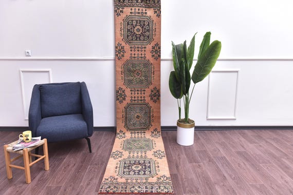 2x11 Vintage Faded Runner Rug, Terracotta Green Color, Handmade Wool, Tribal Design, Hallway Kithcen Rug