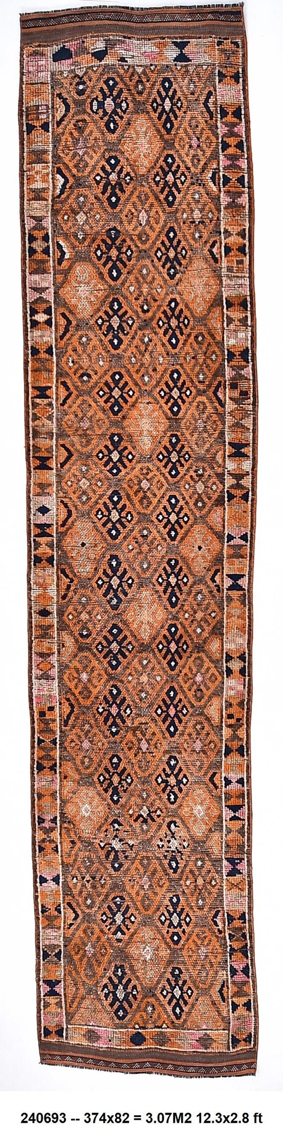 3x12 Morrocan Runner Rug - 3x12 Vintage Morrocan Runner - 3x12 Navy Blue Orange Vintage Runner Rug - 3x12 Rugs- Long Handmade Morrocan.