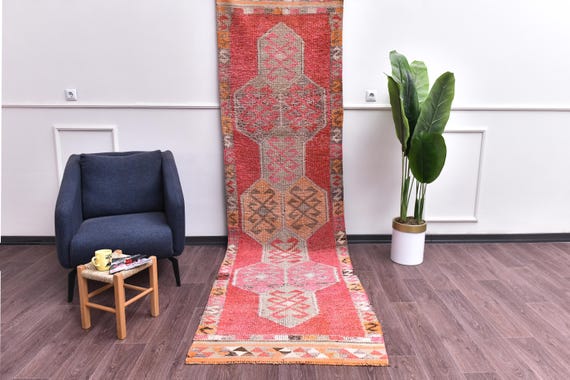 3x11 Vintage HandWoven Wool Runner Rug, Handmade Soft Wool, Traditional Design, Farmhouse Decor, Pale Red Gray Color