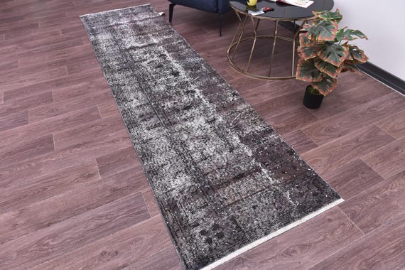 2x10 Vintage Distressed Runner Rug, Handmade Wool Rug, 2x10 Purple Gray Color, 2x10 Floral Hallway Rug, 2x10 Kithcen Runner Rug