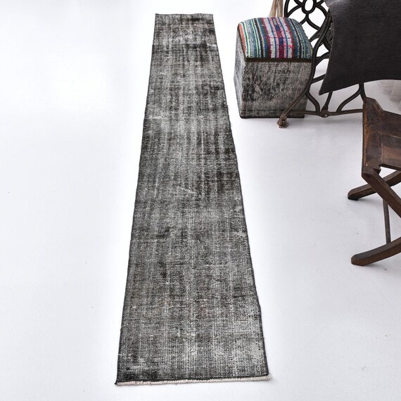 2x10 Brown Black Turkish Runner Rug, 2x10 Turkish Runner, 2x10 Rug, Long Narrow Handmade Rug, 2x10 Runner Rug, 2x10, Mid-Century Modern, 58s