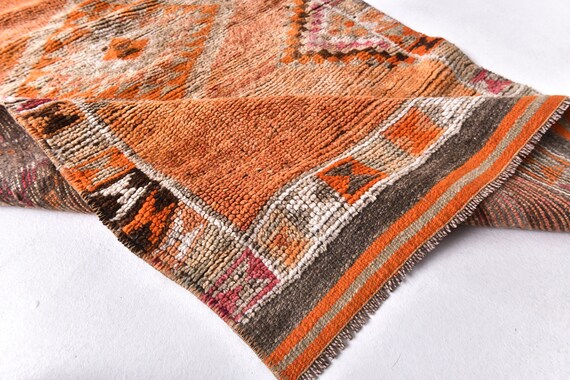 3x14 Antique Turkish Runner Rug, Geometric Pattern Rug, 3x14 Hallway Runner Rug, Copper Orange Black Color Rug, Vintage Runner Rug