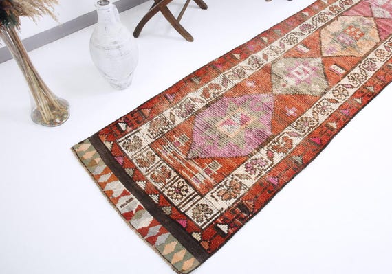 3x13 Faded Vintage Runner Rug, Soft Wool Runner Rug, 3x13 Traditional Runner Rug, Handmade Home Decor, 3x13 Red Green Runner Rug, HallwayRug