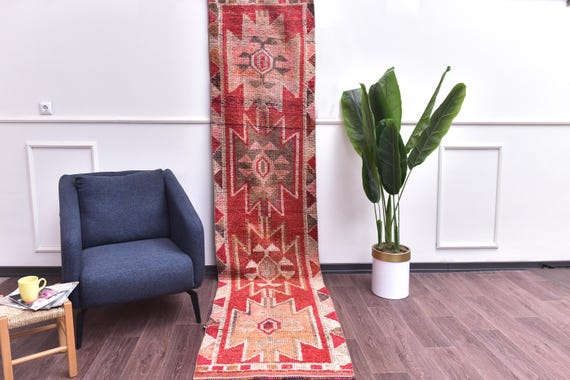 2x10 Hand Woven Vintage Runner Rug, Red Orange Color, Geometric Pattern,  Hallway Rug