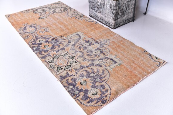 3x6 Turkish Small Accent Rug, Orange Blue Color, 3x6 Medallion Style, Handmade Wool Rug, 3x6 Vintage Rug, Oriental Rug 3x6 Area Rug