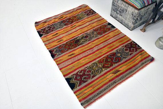 3x5 Area Rug, 3x5 Vintage Kilim, 3x5 Turkish Vintage Kilim Rug, Handmade Wool Rug, 3x5 Rug, Orange & Red Kilim, Kilim Rug 3x5, Antique 55s