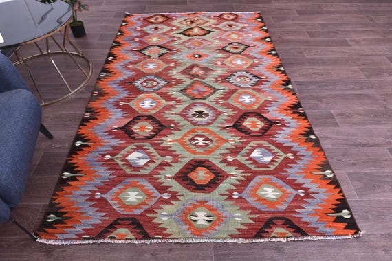 5x8 Vintage Kilim Rug, Traditional Area Rug, 5x8 Red Green Color 5x8 Farmhouse Style Rug, Livingroom Bedroom Rug, 5x8 Tribal Area Rug,