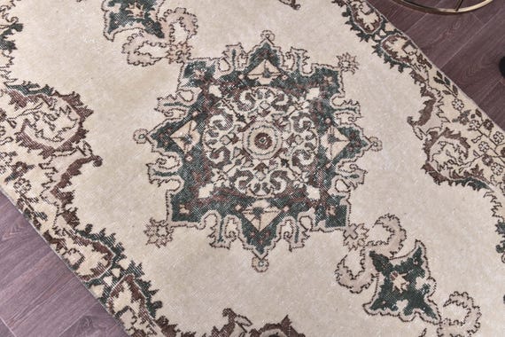 4x6 Vintage Turkish Small Rug, Cream Green Color, 4x6 Medallion Style, Handmade Wool Rug, Oriental Rug,  4x6 Rugs, Handmade Wool Rugs