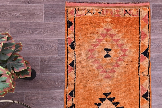 2x14 Vintage Orange Black Runner Rug, 2x14 Turkish Hallway Rug, Medallion Style Rug, 2x14 Handmade Wool Jute Rug, 2x14 Hallway Rug, 2x14 Rug