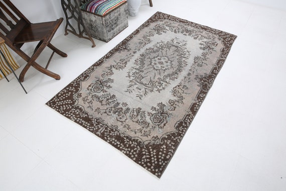 4x7 Vintage Floral Rug, 4x7 Oriental Turkish Vintage Rug, 4x7, Aesthetic Handmade Wool, 4x7 Rug, Gray Brown Carpet, 4x7 Turkish Rug