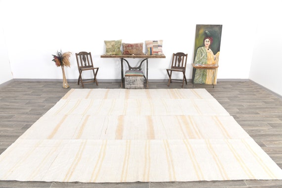 10x11 Soft White Beige Hemp Rug, Oversize Hemp Rug Large Area Rug Natural Hand Woven Rug Soft Pastel Bohemian 10x11 Hemp Kilim Rug  Gift Rug