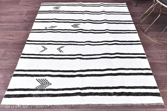 5x5 Striped Hemp Kilim Rug, Black White Color, 5x5 Handmade Wool Jute Rug, 5x5 Living Room Bedroom Rug, Tribal Kilim Rug, 5x5 Farmhouse Rug