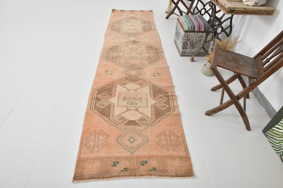 2x11 Runner Rug, 2x11 Vintage Runner, 2x11 TURKISH VINTAGE RUNNER Rug, 2x11, Wool Handmade Turkey, Brown Beige Vintage, 2x11 Rug For Hallway
