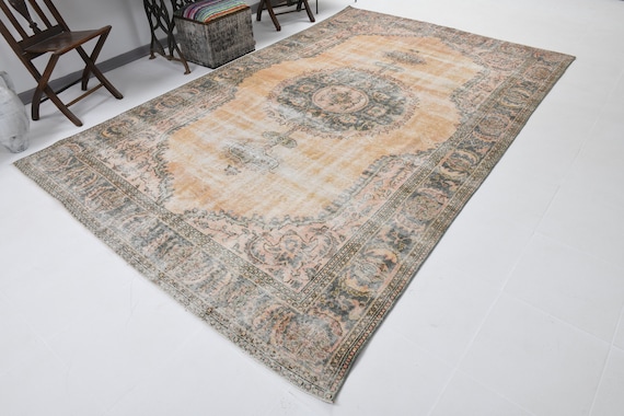 7x11 Distressed Area Rug, 7x11 Vintage Faded Rug, 7x11 Medallion Rug, Persian Style Rug, Handmade Wool Rug, Living Room Rug, 7x10 Area Rug