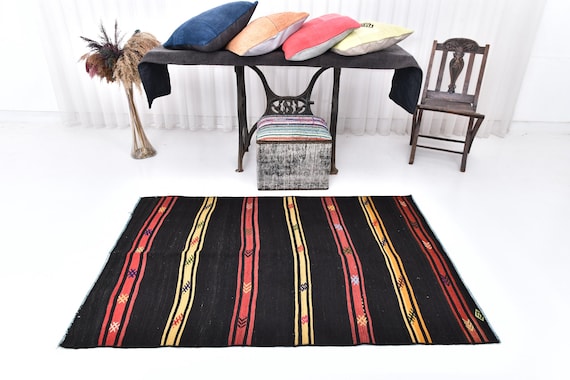 Antique Vintage Turkish Rug, 4x6 Geometric Tribal Kilim Vintage Doormat Rug Shades Of Red Beige Oushak Handmade Wool Carpet, Farmhouse Decor